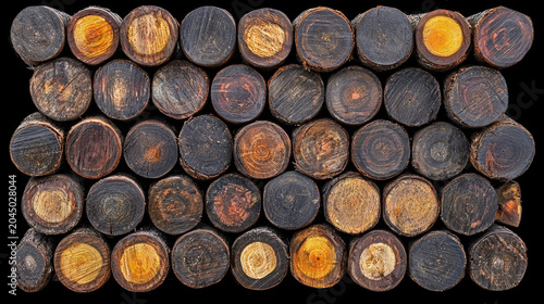 Stack firewood log wood timber burned charred round natural rustic Burned firewood stack with round log ends charred wood texture rustic natural timber background warm earthy tones close up