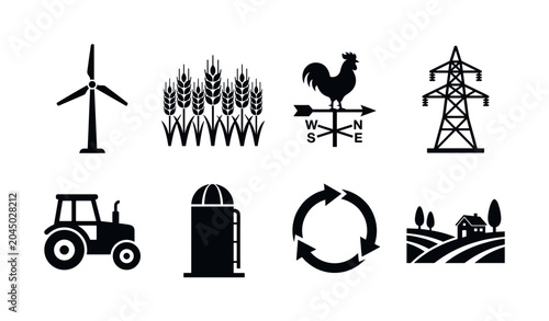 Wind Energy Agriculture. Filled icon set of wind energy agriculture: windmill turbine, wheat field, weather vane, power transmission tower, eco tractor, farm silo, renewable energy arrows, rural