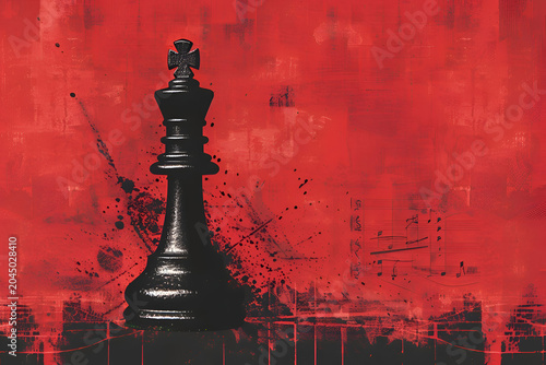Black chess king piece on textured red background with music notes