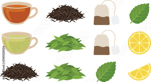 Tableau sur toile Green and Black Tea Vector Illustration Set with Ceramic Cups, Loose Dried Leave