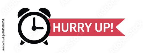 Bild auf Leinwand Alarm clock icon with red ribbon banner, hurry up text symbol for deadline reminder urgency and time management