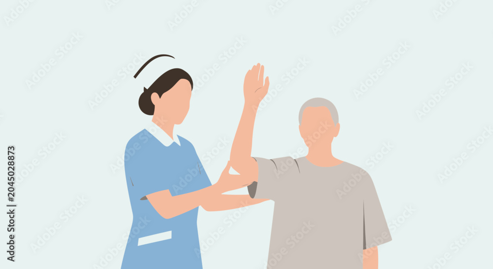 Fototapeta premium Nurse assisting elderly man with arm physical therapy exercise, rehabilitation, and healthcare