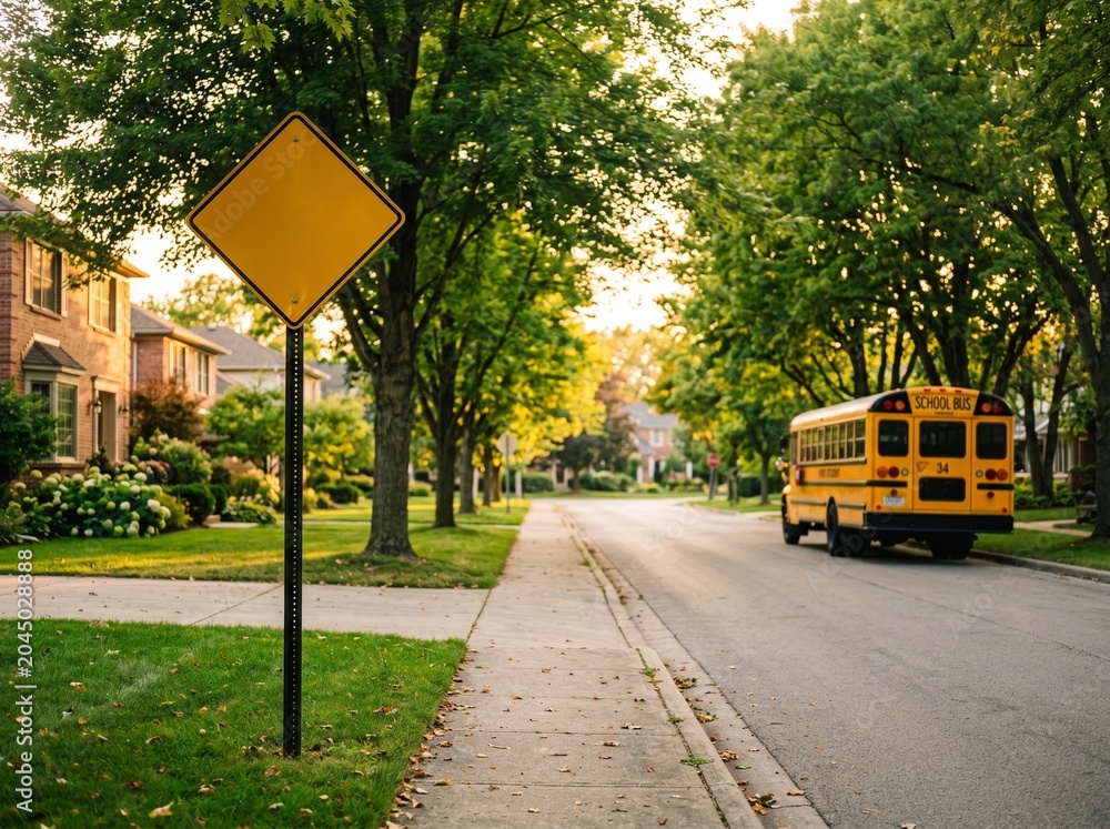 Obraz premium Yellow school bus parked on a quiet suburban street at sunset