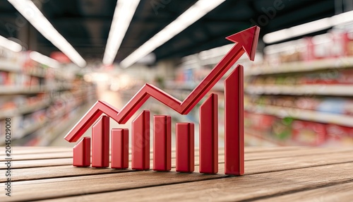 Red bar graph with arrow trending upwards on wooden table