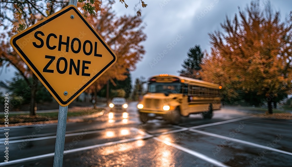 Obraz premium Yellow school bus in wet intersection under cloudy autumn sky