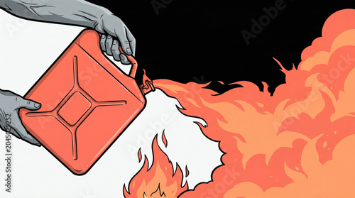 A hand pouring gasoline from a can onto a fire, symbolizing the aggravation of problems and making a bad situation worse