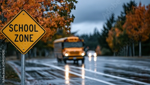Yellow school bus drives past a 