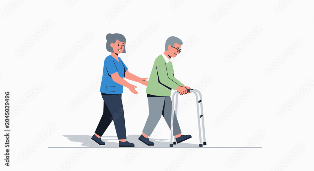 Fototapeta premium Nurse assisting elderly man with walker, healthcare, support, and mobility