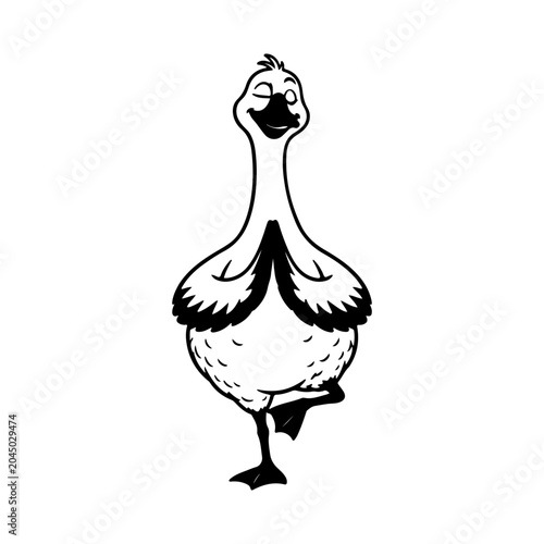 Funny goose cartoon silhouette standing on one leg with proud smiling pose, cute black and white bird character vector illustration isolated on white background