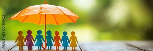 People figures under orange umbrella symbolizing security safety protection and togetherness.