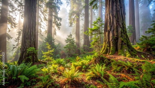 Misty forest floor with vibrant ferns and moss under tall trees.