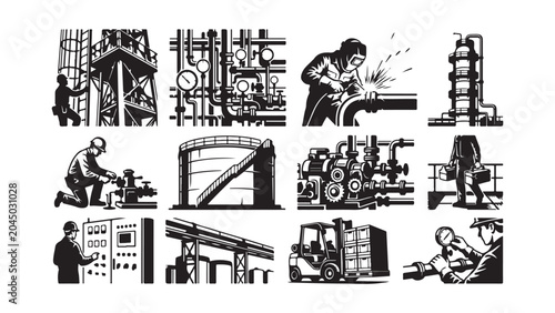 Industrial and Manufacturing Process Icons in Black and White Silhouette