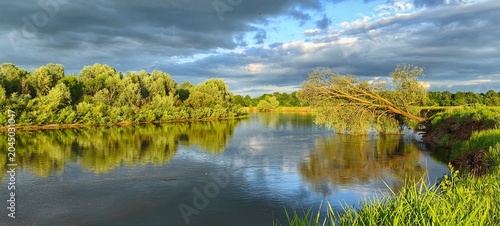 Sunset on the river, summer landscape with trees reflected in the water.
