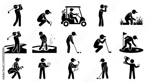 Diverse golf player stick figure activities