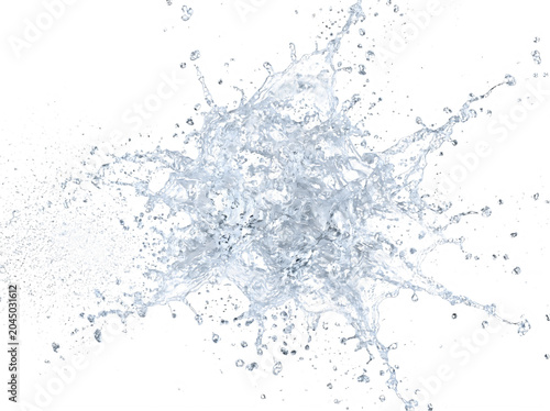 Realistic dynamic water splash with flying droplets liquid burst isolated on white background