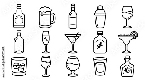 Outline icons set of various alcoholic beverages and bar items