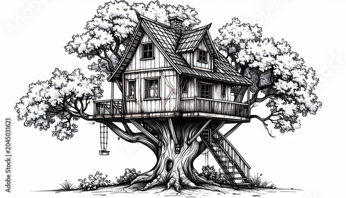 Detailed black ink drawing of a multi-level rustic treehouse.