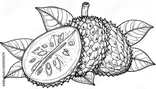 Detailed botanical illustration of whole and sliced soursop fruit.