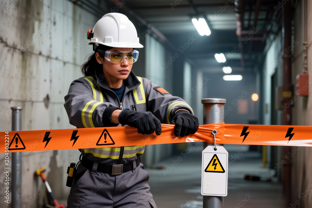 Fototapeta premium Worker setting up danger tape in industrial facility.