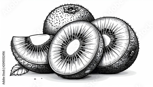 Detailed engraving of kiwi fruit whole and sliced pieces