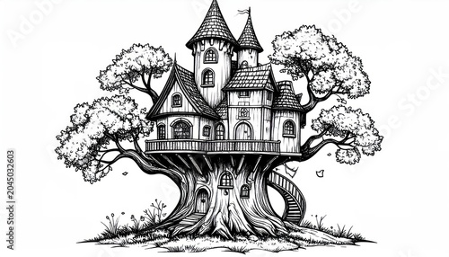 Detailed fantasy treehouse castle with spiral staircase sketch.