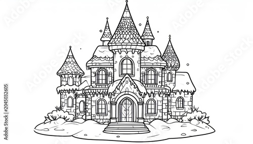 Detailed fantasy palace architecture coloring page for kids.