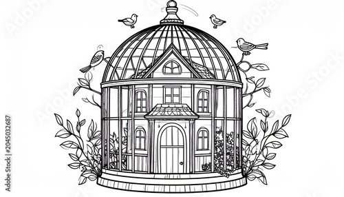 Detailed glass house conservatory line art with birds.