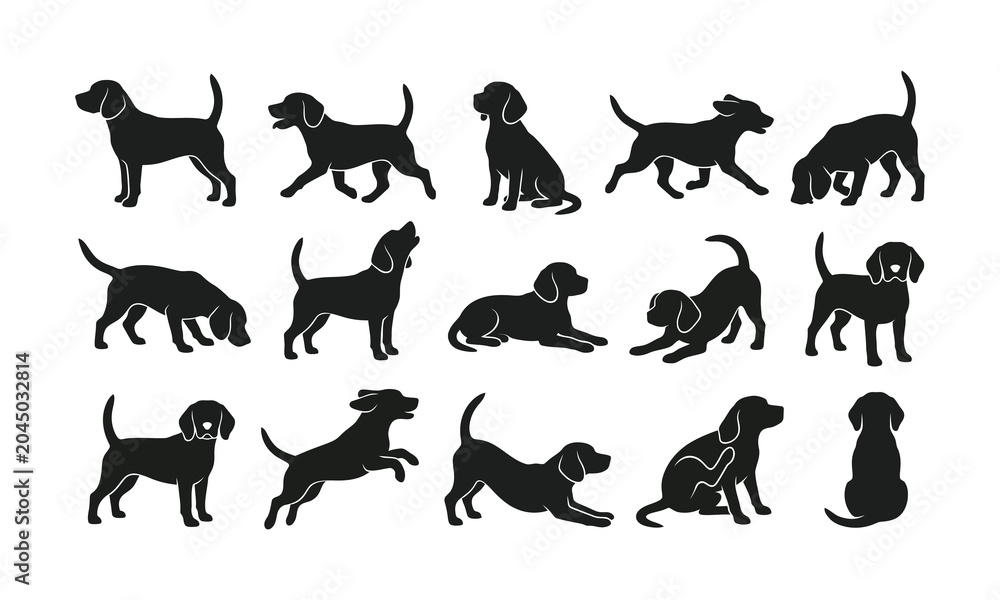 Obraz premium Collection of black dog silhouettes in various poses and actions silhouette