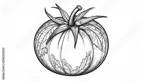 Detailed hand drawn sketch of a whole tomato.