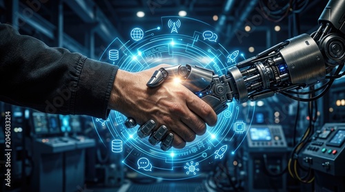 Human and robotic handshake symbolizing artificial intelligence and technological partnership