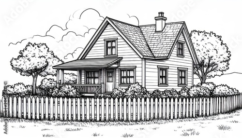 Detailed house line art with front porch and fence.