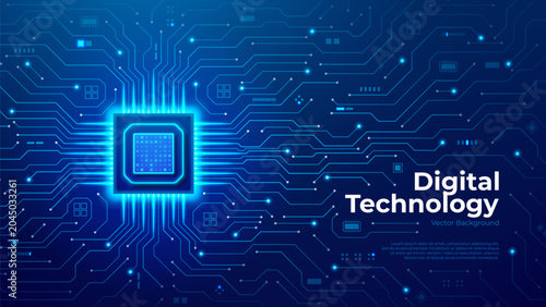 Digital central processor unit concept. Glowing semiconductor chip on motherboard with circuit lines. Futuristic tech visual. Computing and hardware concept. Vector illustration.