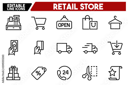 Shopping Line Icons Set Retail Store Cart Payment Editable Stroke