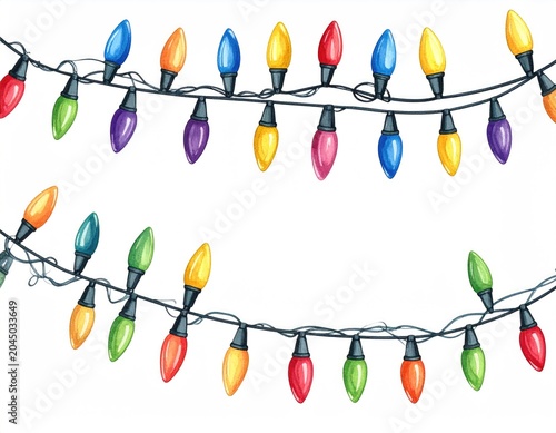 Festive string lights glow in a vibrant, colorful display against a white background