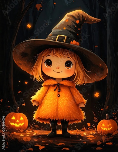 Cute Little Witch Girl Standing in Dark Autumn Forest with Glowing Pumpkins