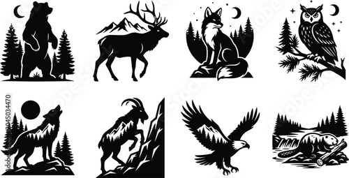 Foto Wildlife Silhouette Bundle Featuring Bear Elk Fox Owl Wolf Eagle Beaver and Moun