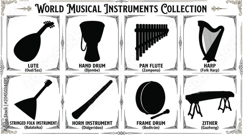 Bild auf Leinwand World Musical Instruments Collection Featuring Traditional Folk String Wind and