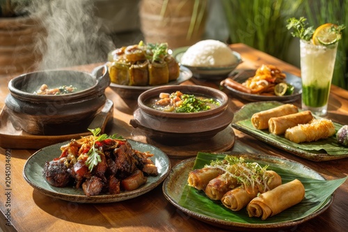 Colorful spread of traditional Filipino cuisine featuring adobo, sinigang, pancit, and lumpia