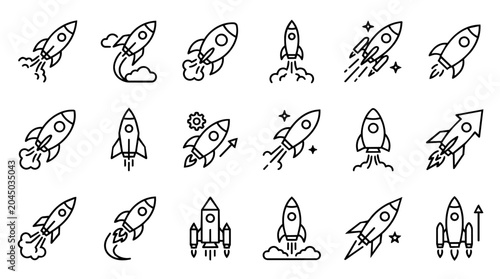Rocket launch and flight line icons set