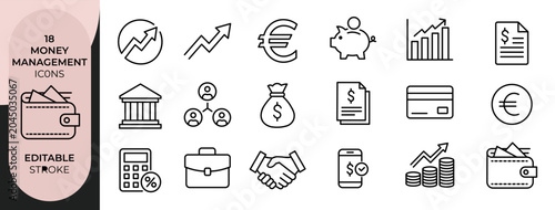 Set of money management icons in editable stroke style on white background