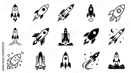 Space rocket launching and flying icons set