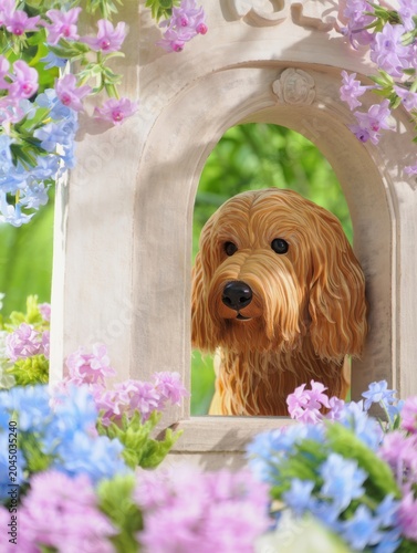 Adorable Dog in Window Surrounded by Flowers
