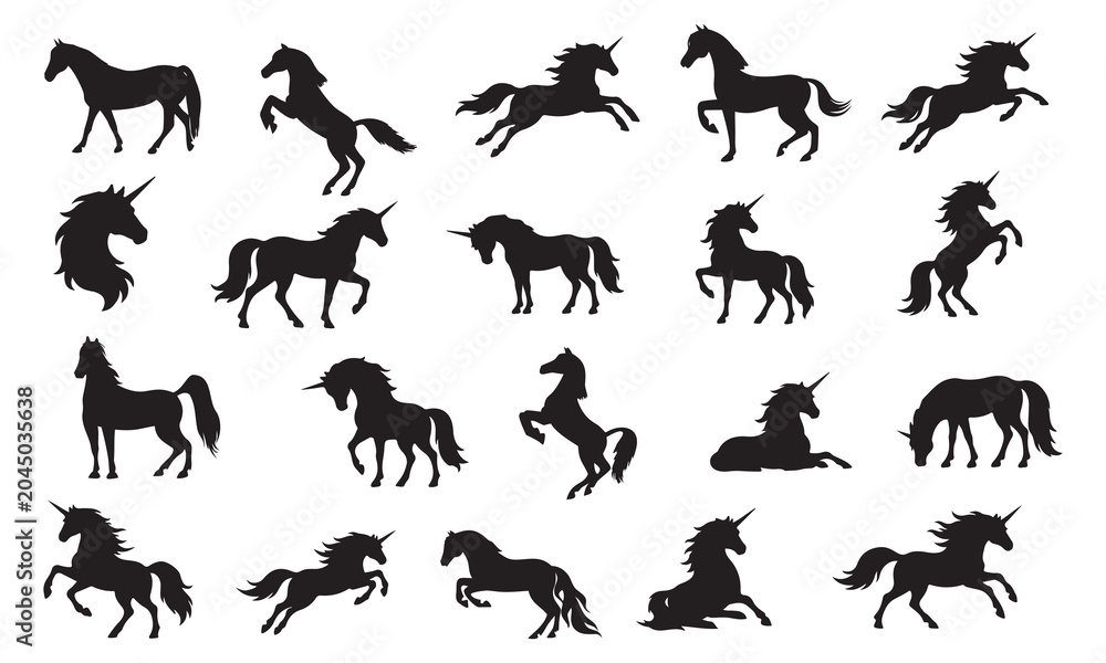 Fototapeta premium Set of silhouette of horses. isolated black silhouette of galloping, jumping, running horse on white background