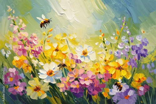 Floral Meadow Painting with Bees
