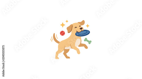 Cuadro en lienzo Happy Cartoon Labrador Dog Playing with Flying Disc and Toys