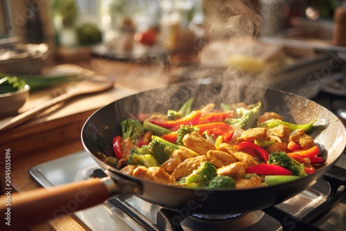 Cooked chicken and colorful vegetables stir-fry in a wok with steam and caramelized glaze