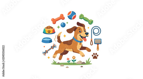 Happy Dog Playing with Toys and Accessories Vector Illustration