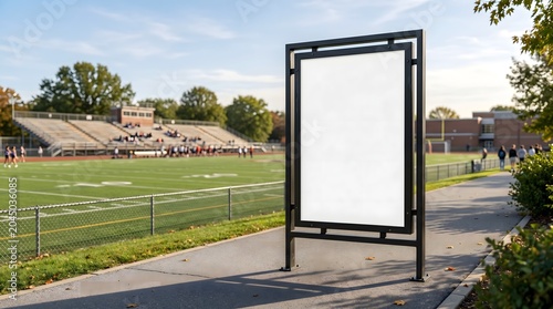 Blank outdoor billboard mockup standing on a sunny school sports field with stadium bleachers