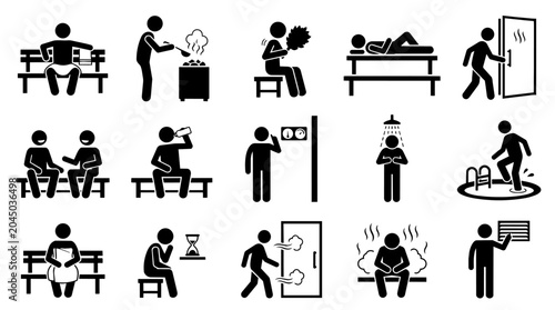 Sauna and spa activities stick figure icon set