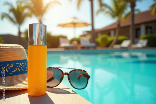 Luxury Sunscreen Poolside. Summer Skincare Essentials. Vacation Sun Protection